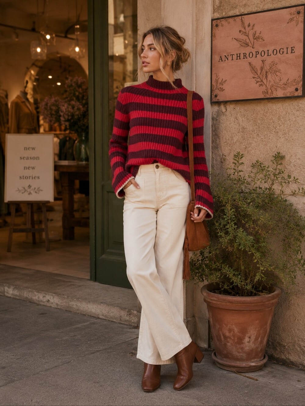Maeve Anthropologie MEDIUM Pullover WOOL YAK Blend Flared Bell Sleeve Stripe Red